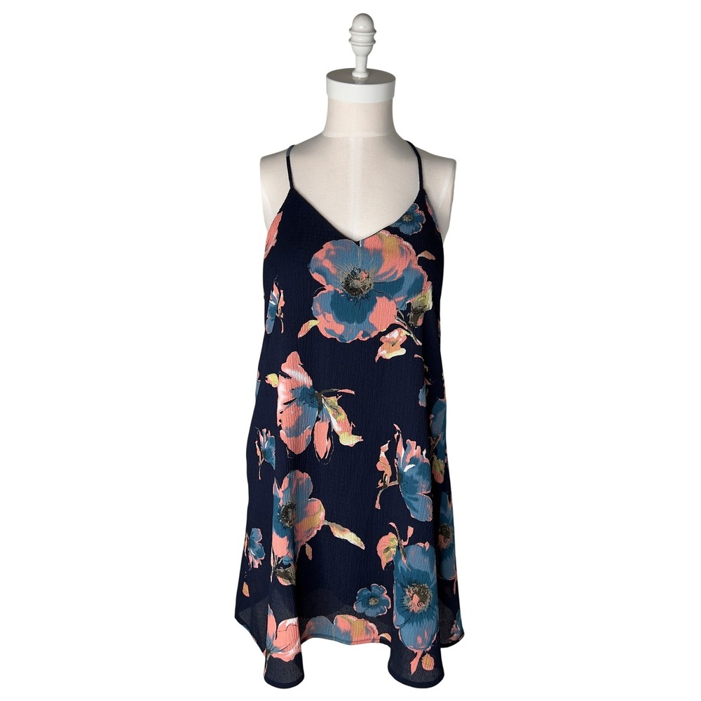 Peach Love California Navy Floral Mini Dress Strappy T-Back Rayon Small